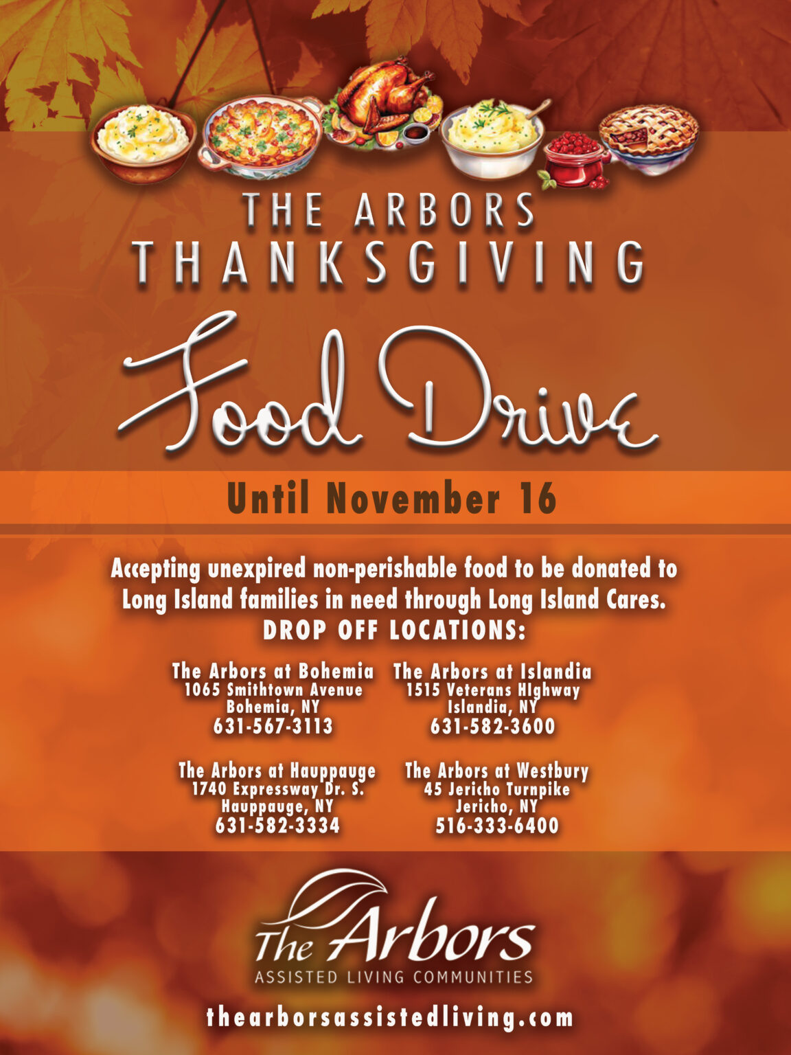 THANKSGIVING FOOD DRIVE UNTIL 11/16/23 The Arbors Assisted Living